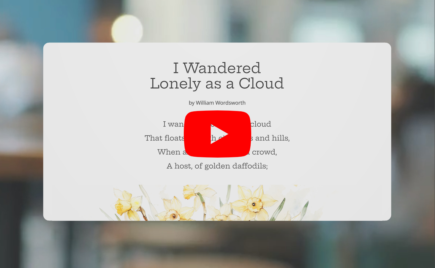 Screenshot of the first frame of the YouTube video. The poem on a white background, floating in the air, is ready to be read.