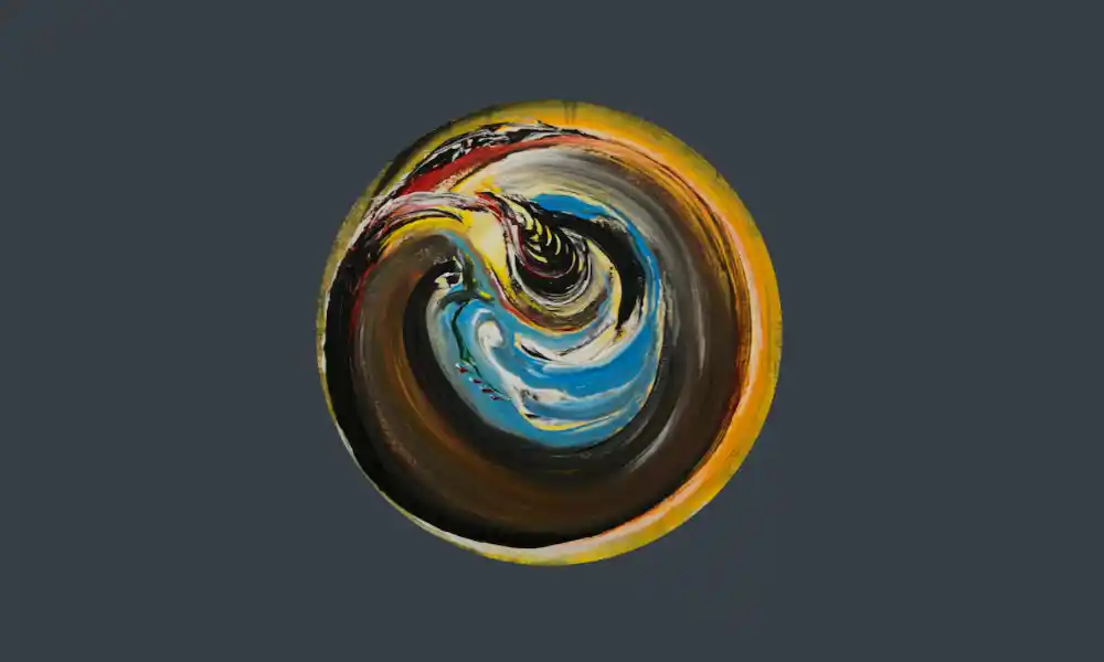 A painting of a swirling landscape. On the outside, a earth tones mix of oranges, browns, and a splash of red. In the inside, white and bright blues open up like a portal