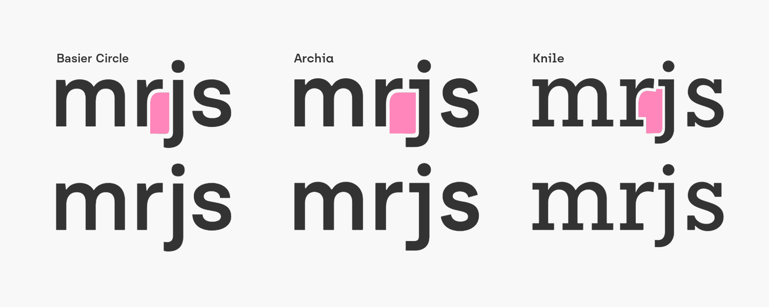 The letters mrjs written in multiple typefaces, all exhibiting a weird shape between the r and the j